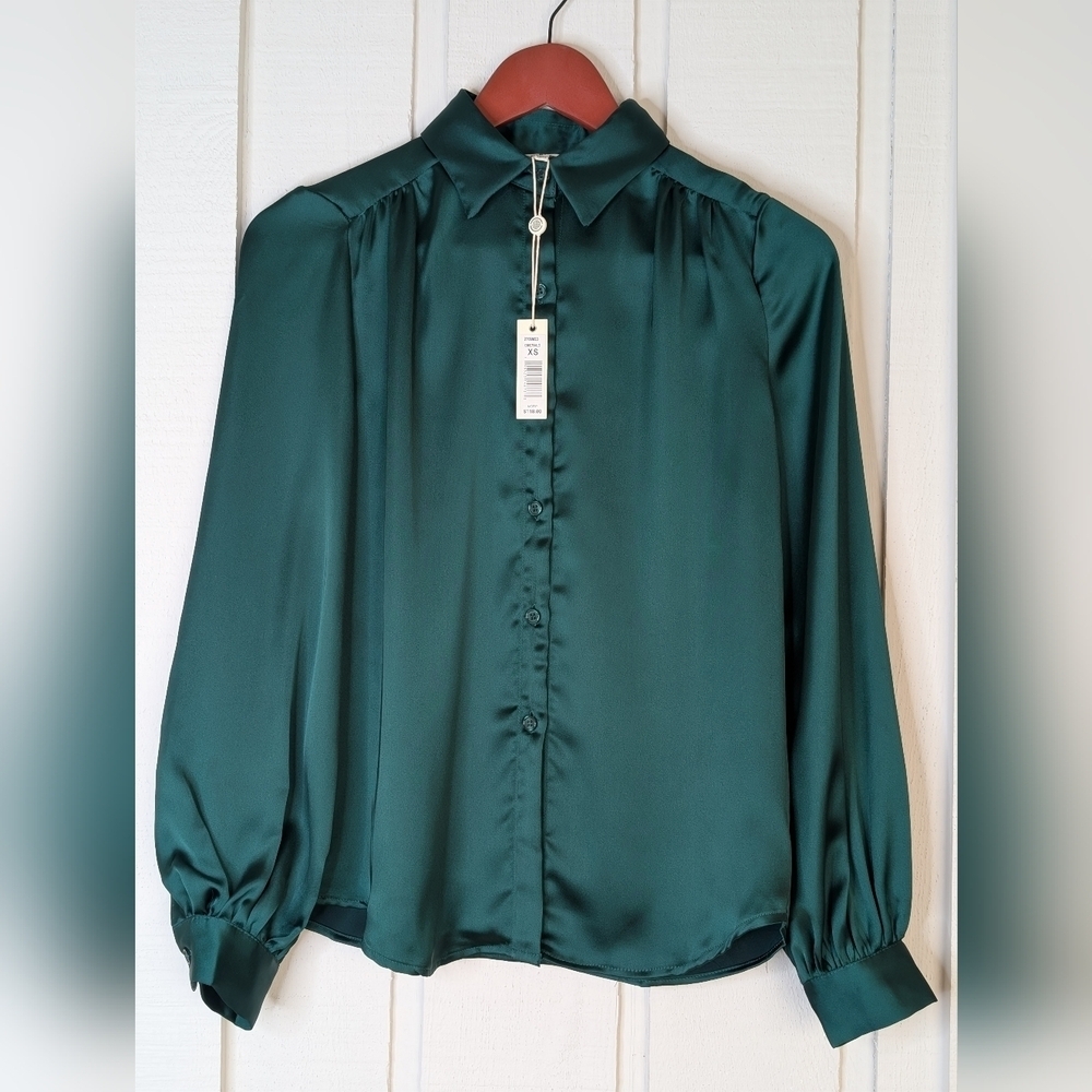 MAX STUDIO Emerald Green Blouse Polyester Women's Long Sleeve Size XS - Picture 13 of 17